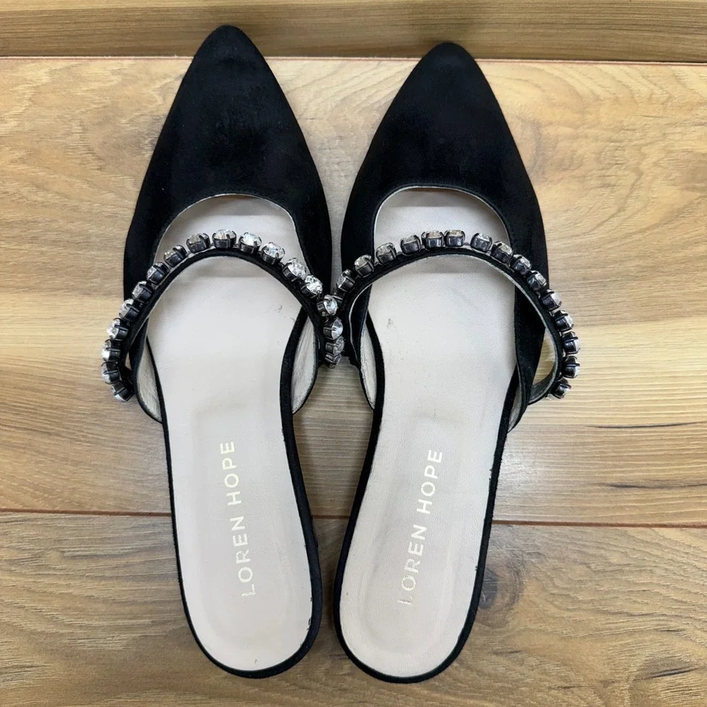 LOREN HOPE Audrey Slides Crystal 7 EU 38 Black Suede Pointed Toe Mules Flats